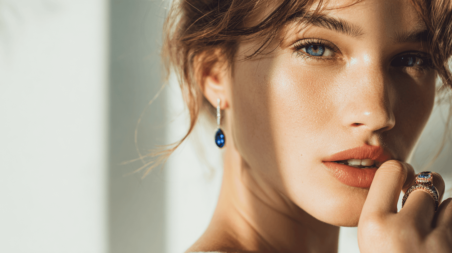 Woman wearing blue gemstone earrings and a statement ring