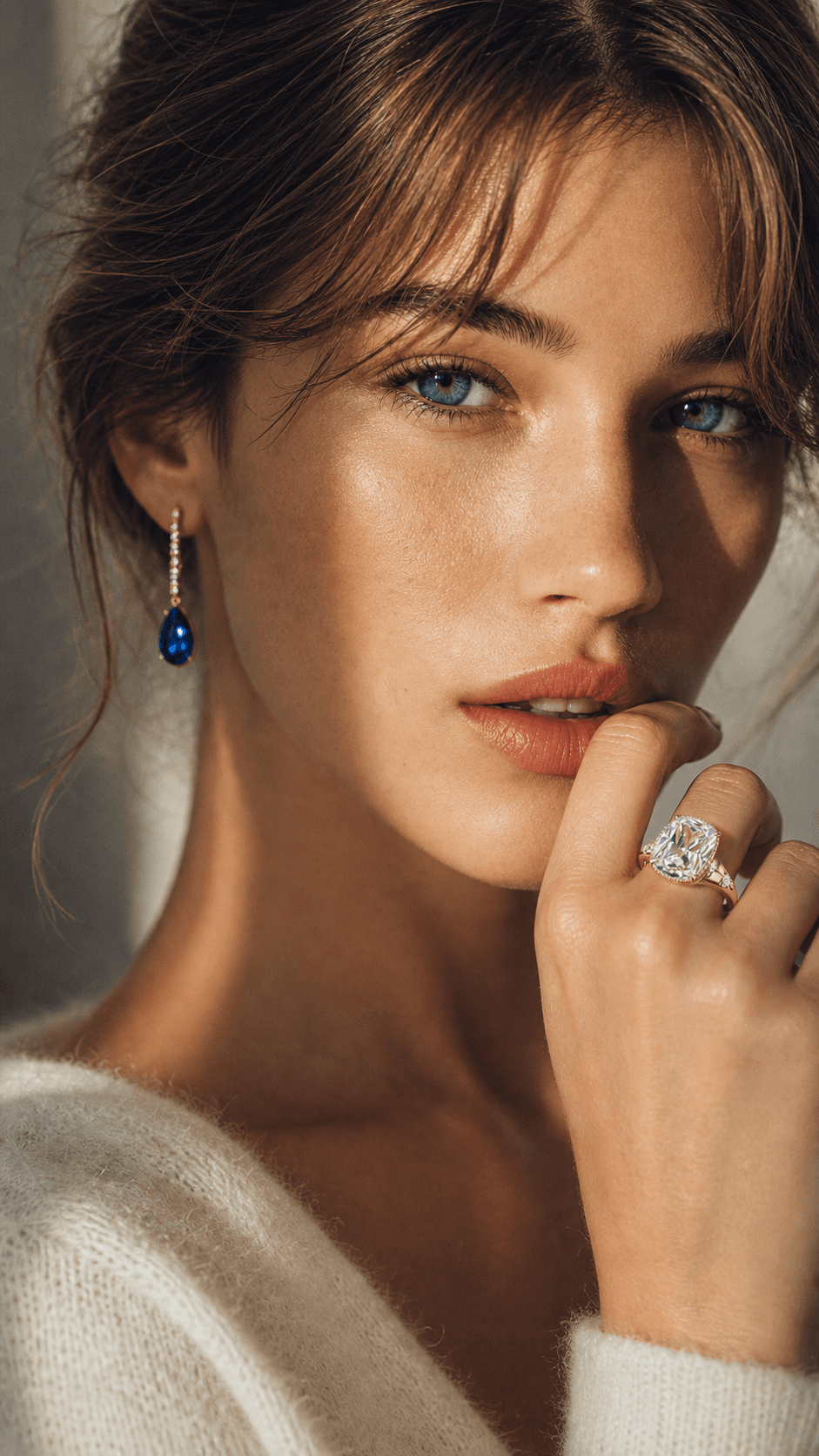 Woman wearing blue gemstone earrings and a statement ring